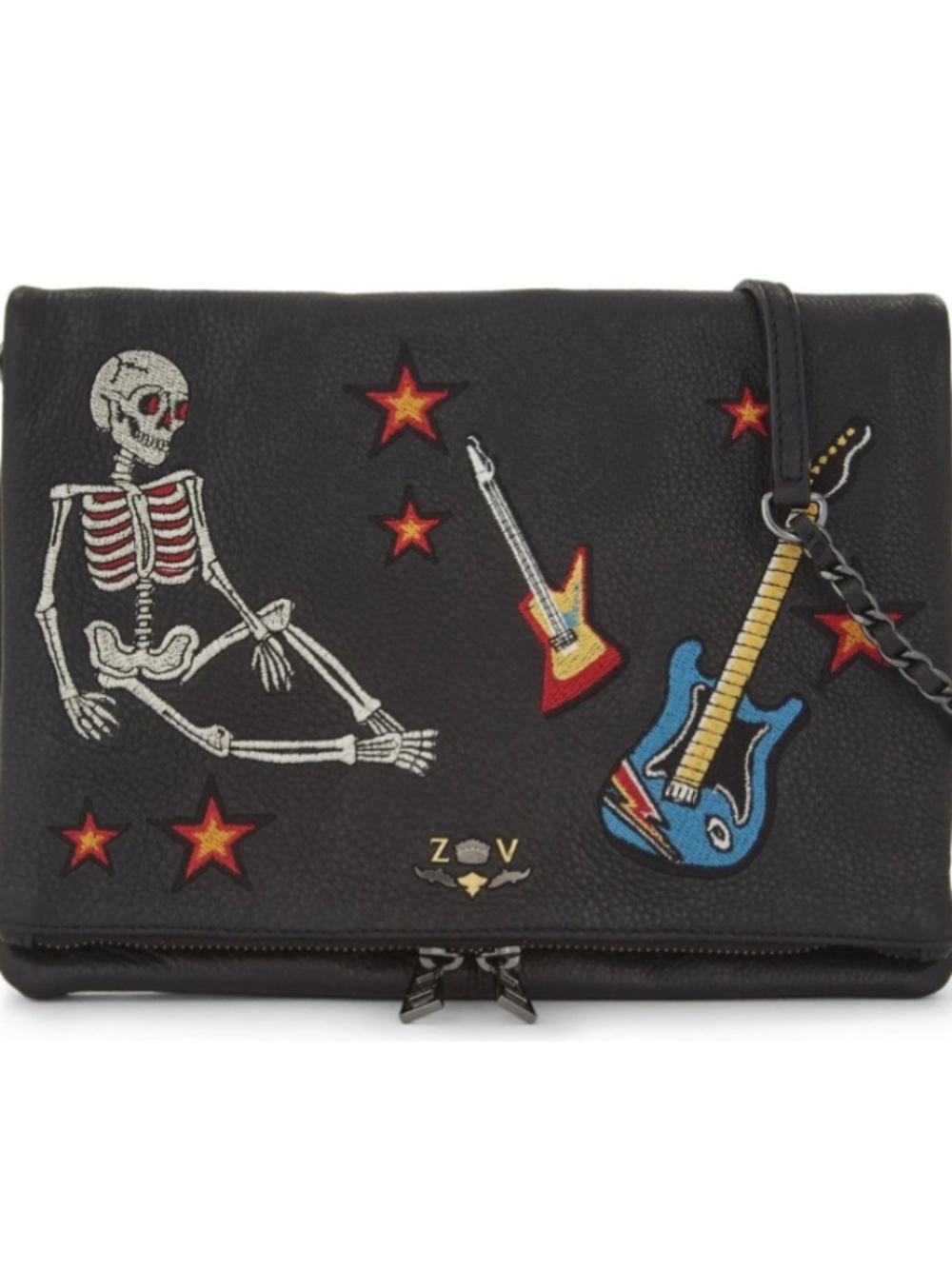 Zadig and Voltaire Skeleton Guitar Rock Handbag Crossbody Black Leather